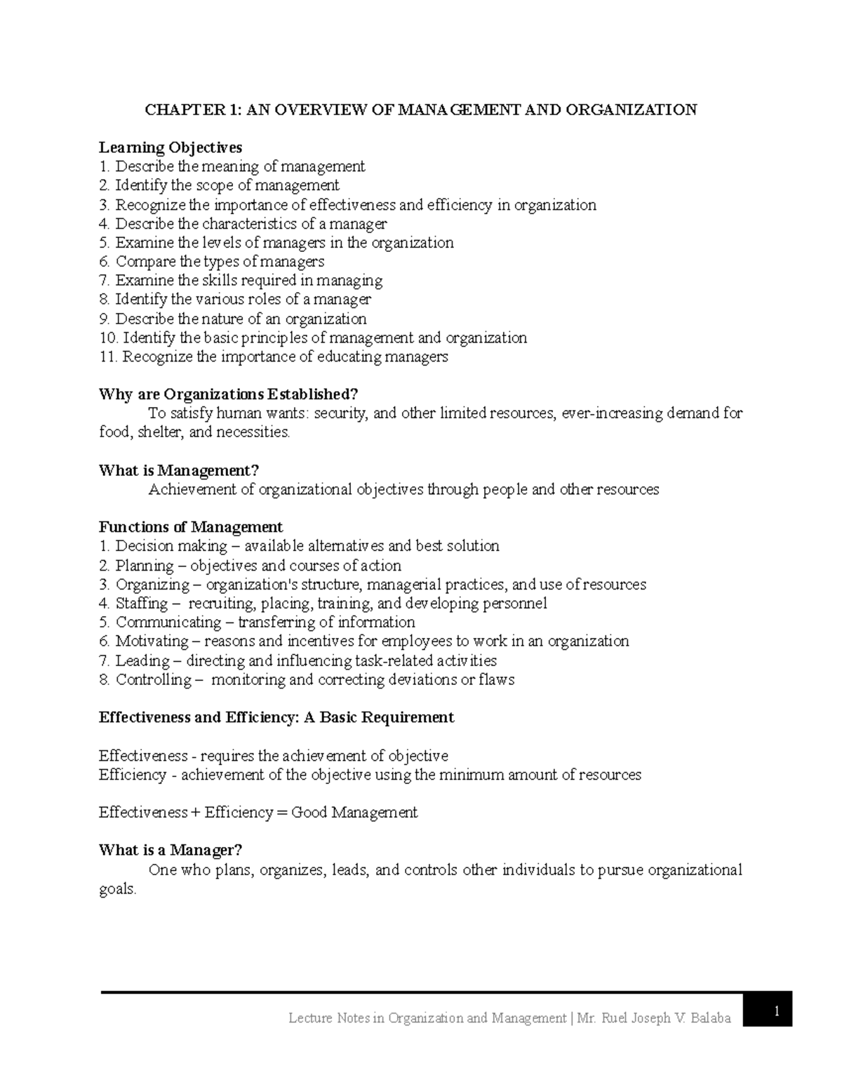 CHAPTER 1: OVERVIEW OF MANAGEMENT & ORGANIZATION - LECTURE NOTES - Studocu