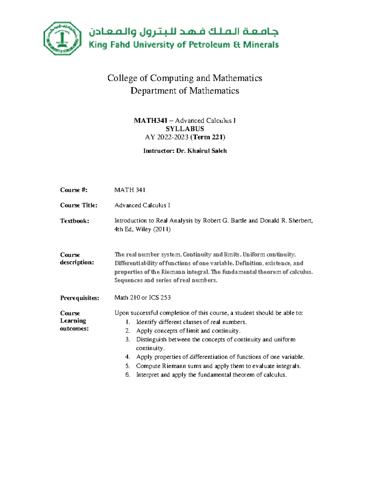 Syllabus MATH341 Advanced Calculus I AY 2022-2023 Term 221 - Studocu