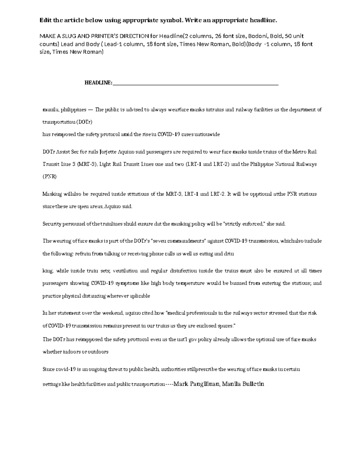 Copyreading Exercises (1) - English: Editing and Headline Creation ...