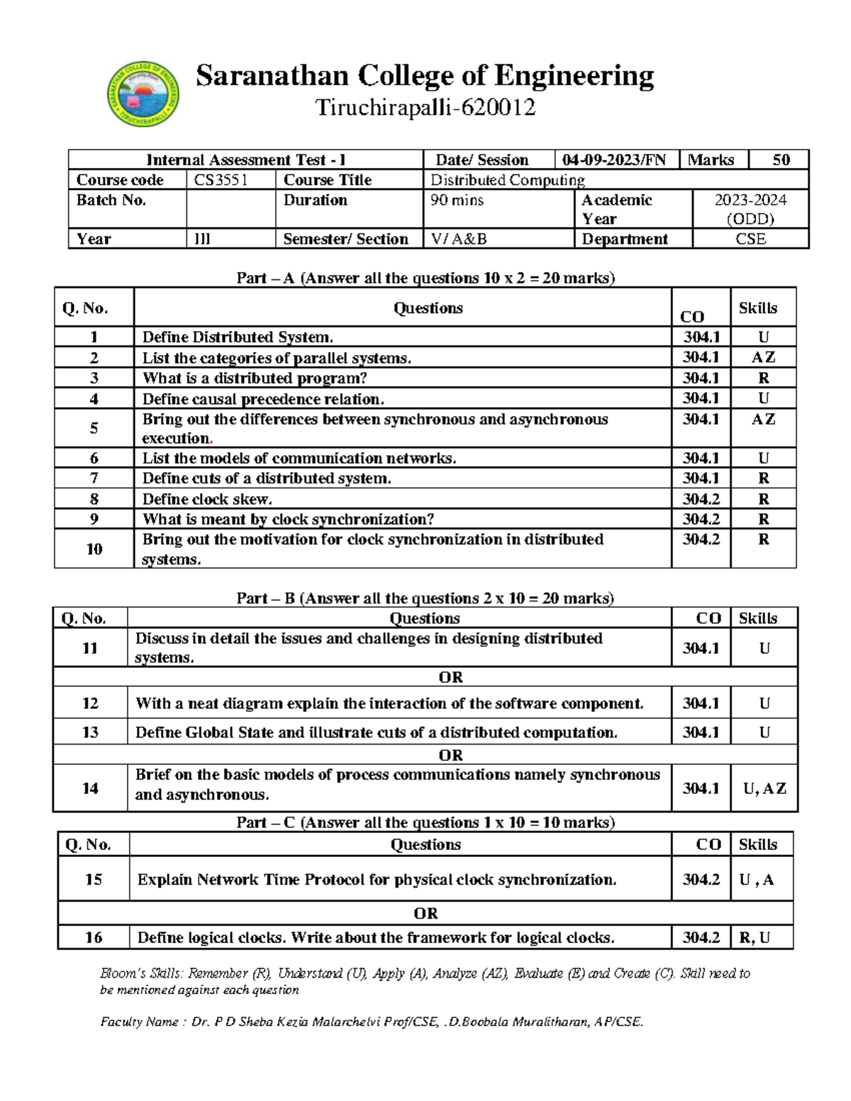 CS 3551 Distributed Computing Internal Assessment Test - I 2023 - Studocu