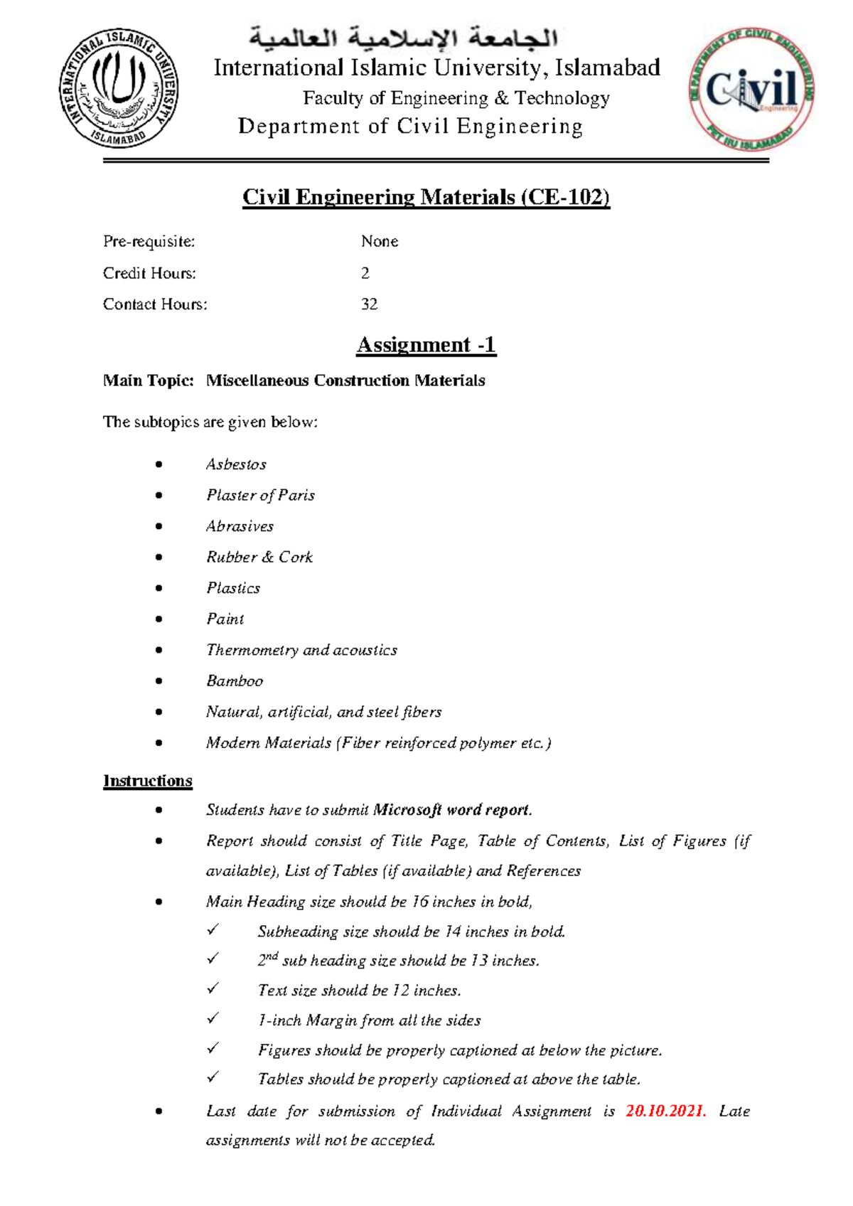 Assignment 1 - Civil Engineering Materials Lab - IIUI - Studocu