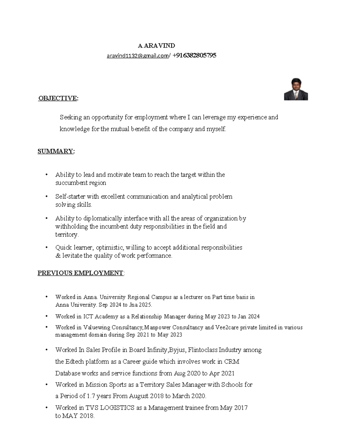 Latest Resume Notes for A.ARAVIND - Employment & Skills Overview - Studocu