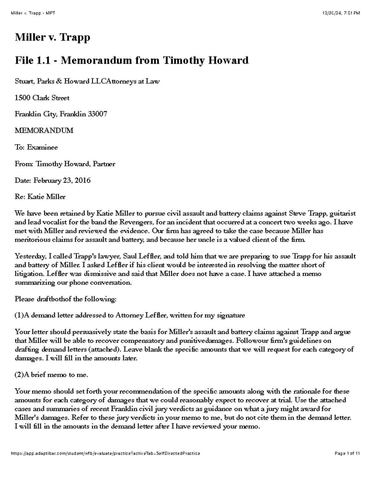 Miller v. Trapp - MPT Memo Drafting for Assault & Battery Claims - Studocu