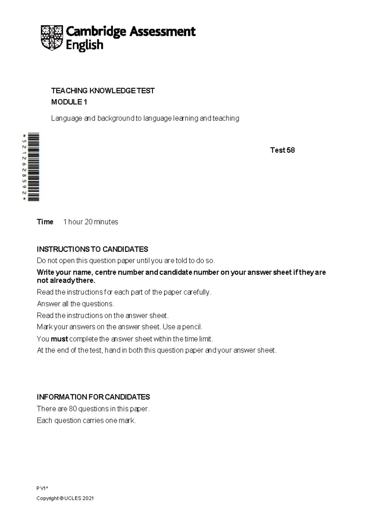 TKT Module 1 Sample Paper: Language Learning & Teaching Exam - Studocu