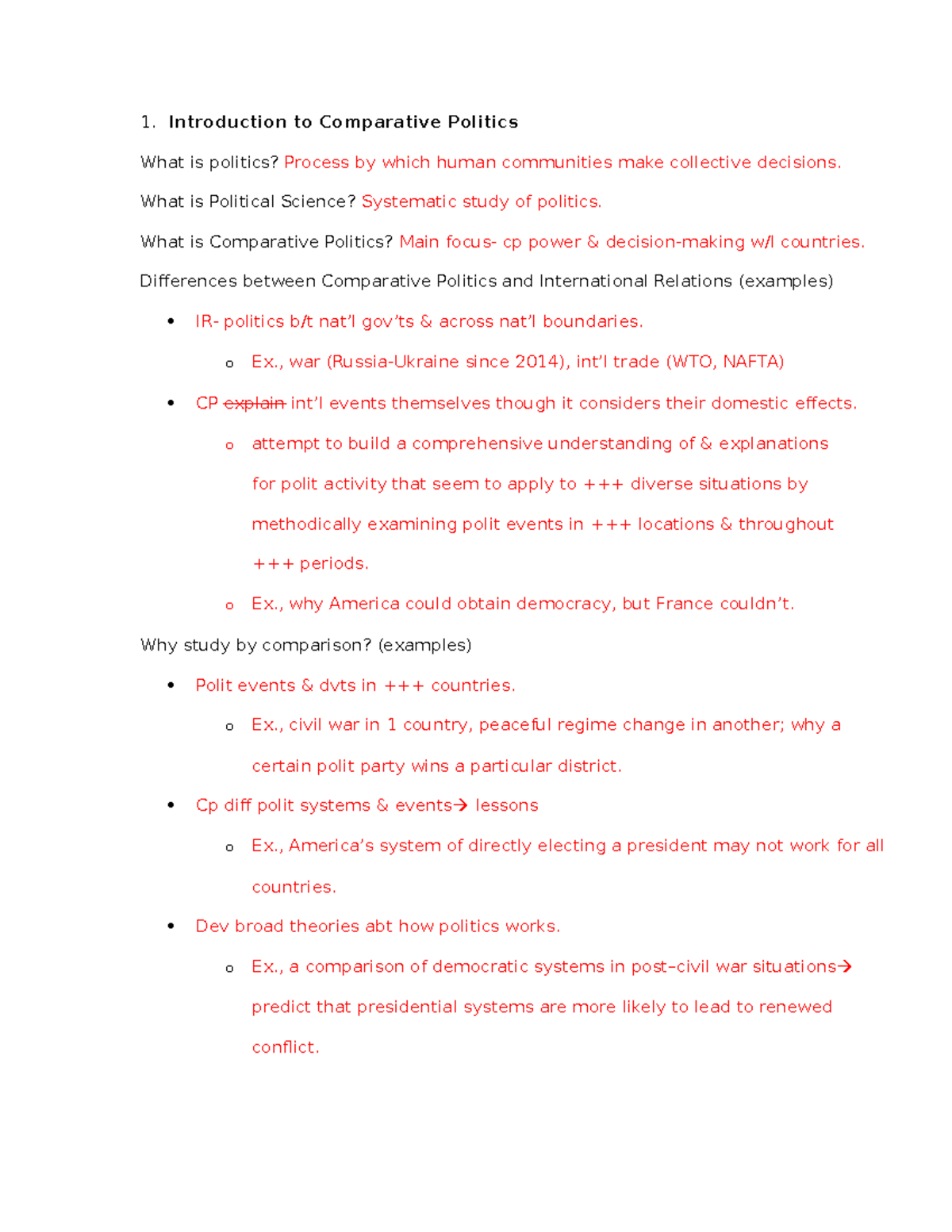 Exam 1 Prep - Comparative Politics Notes (Course Code: CP101) - Studocu
