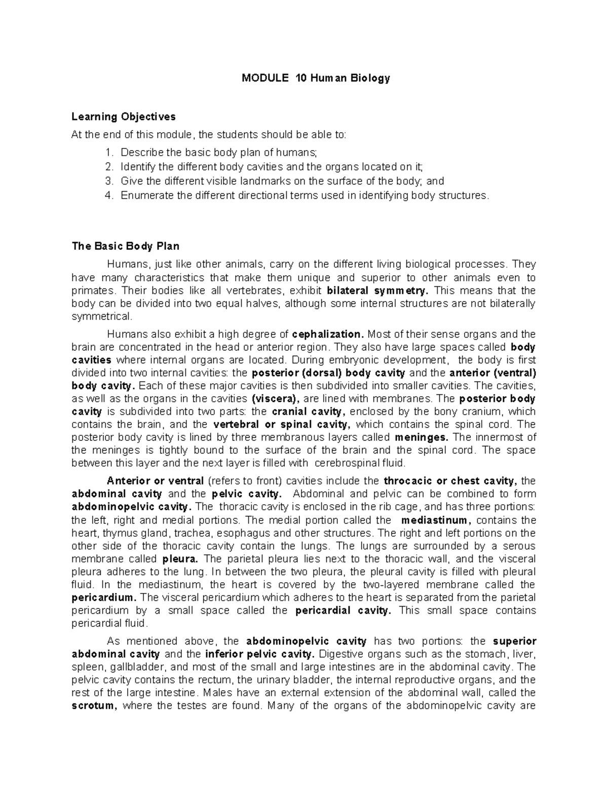 Module 10: Overview of Human Body Plan & Cavities in Anatomy - Studocu