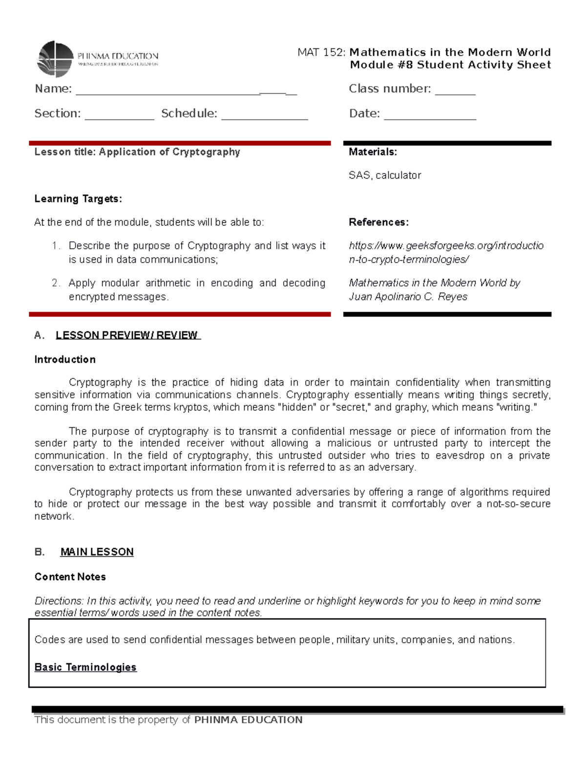 MAT-152-SAS8 - Module 8: Applications and Concepts of Cryptography ...