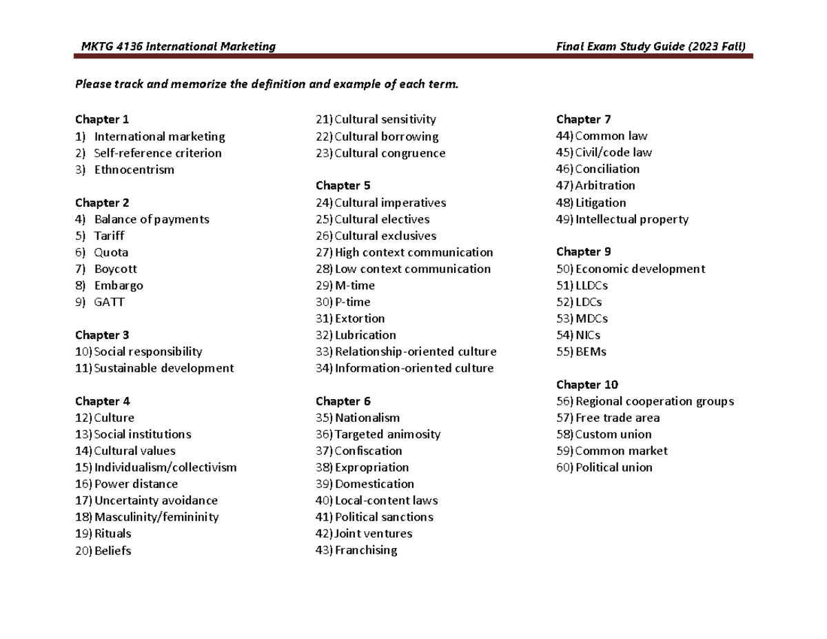 MKTG4136 Final Exam Study Guide: Key Terms Overview (Fall 2023) - Studocu