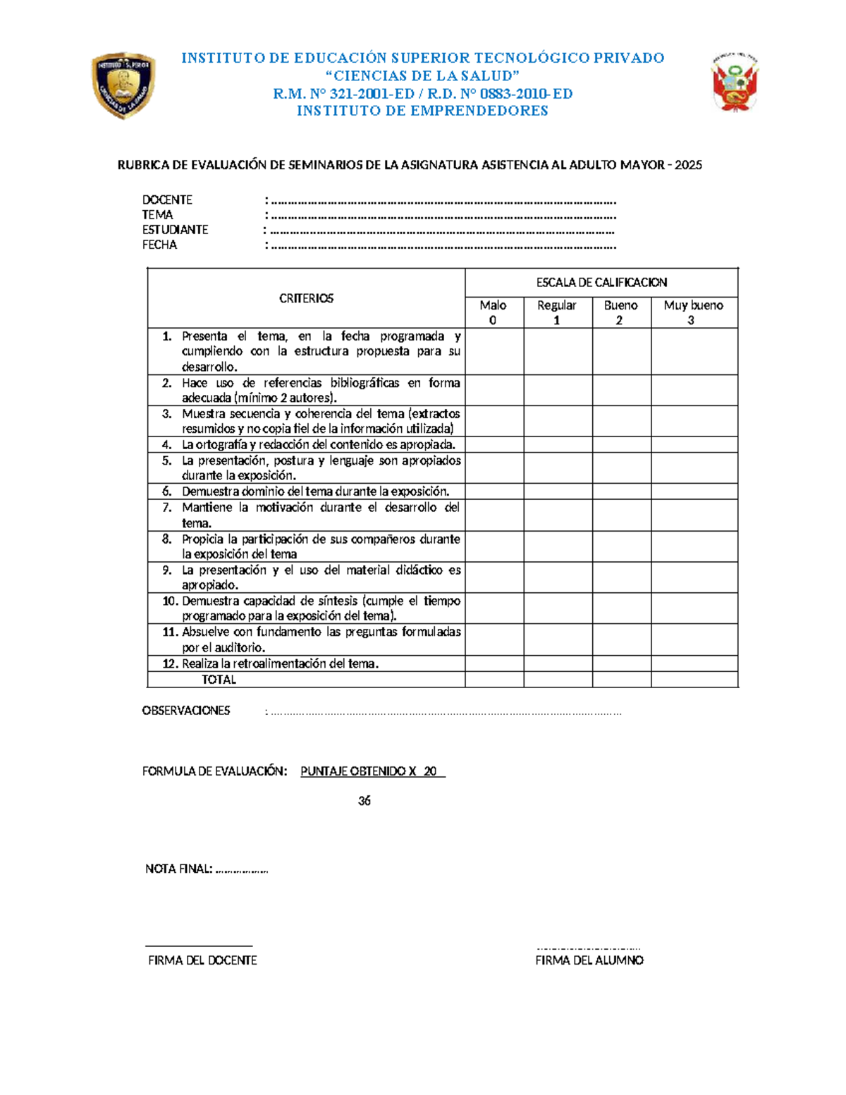 Rúbrica de Evaluación para Exposición - Asistencia al Adulto Mayor 2025 ...