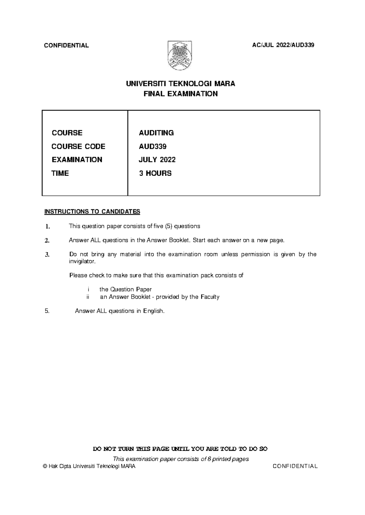 AUD339 Final Exam Past Year Questions - July 2022 - Studocu