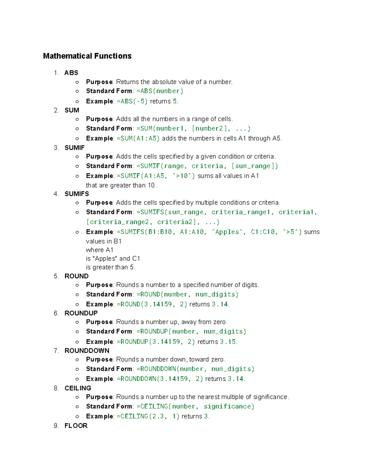 Mathematical Functions Overview for Q1: Excel Calculations and Formulas ...