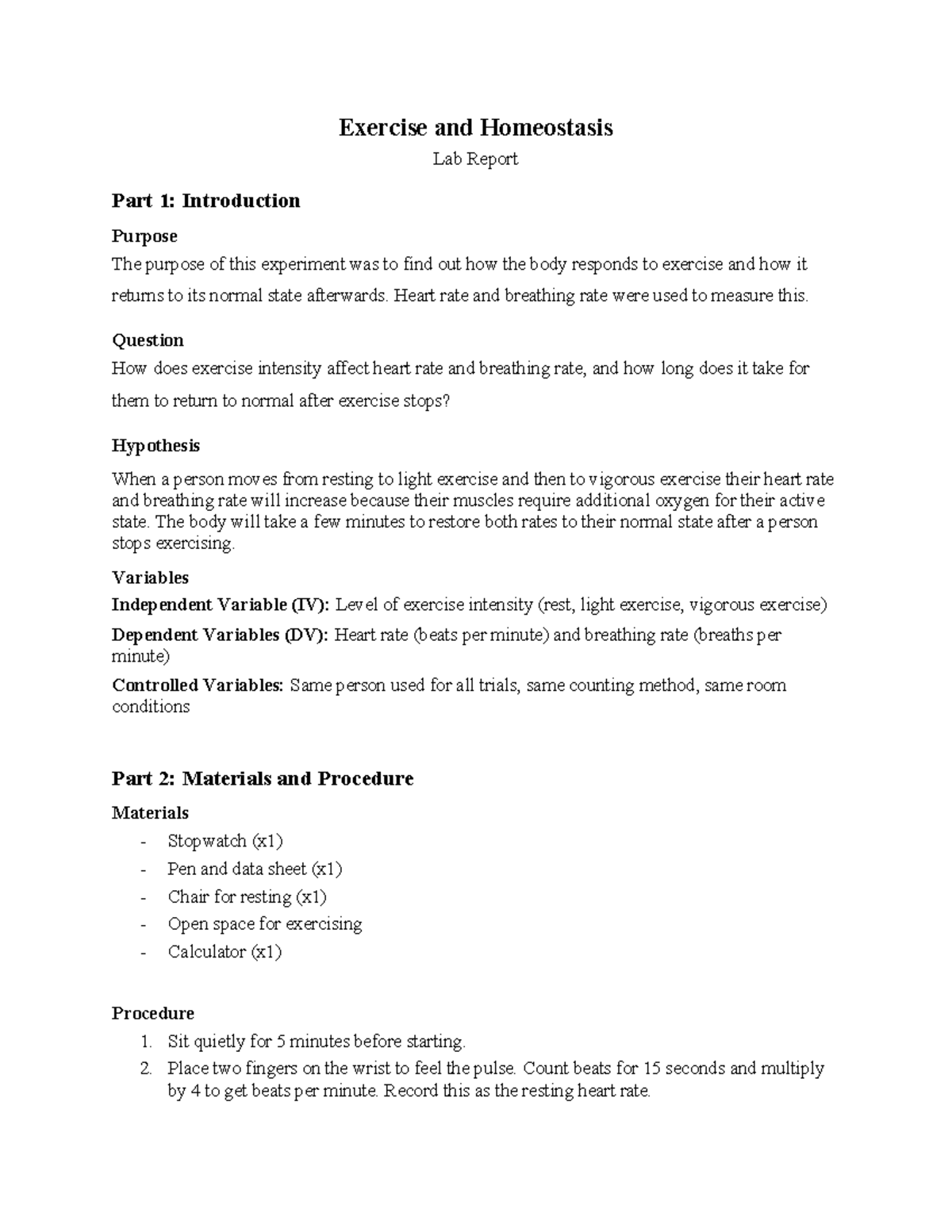Exercise and Homeostasis Lab Report: Effects of Intensity on HR & BR ...