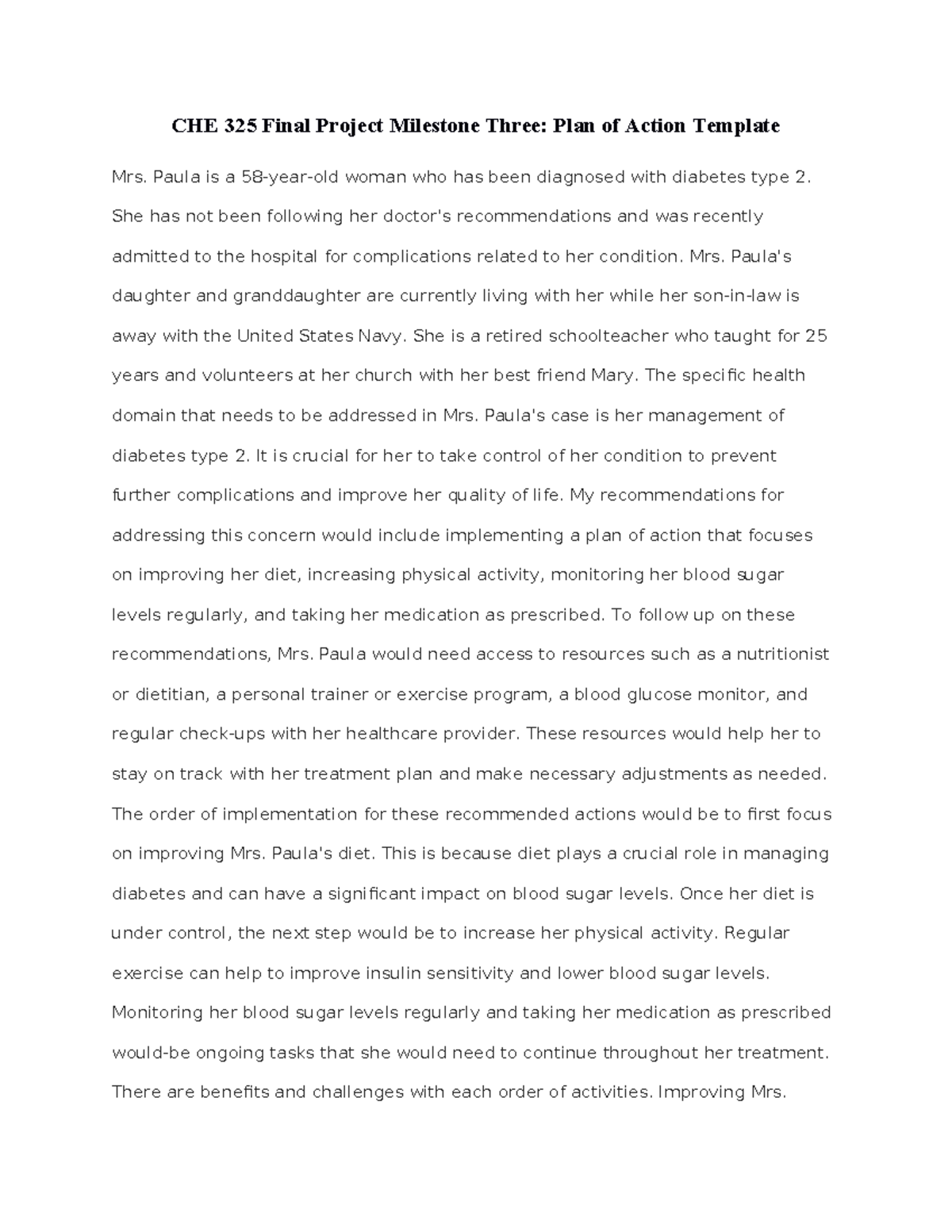 CHE 325 Final Project Milestone 3: Diabetes Management Plan - Studocu