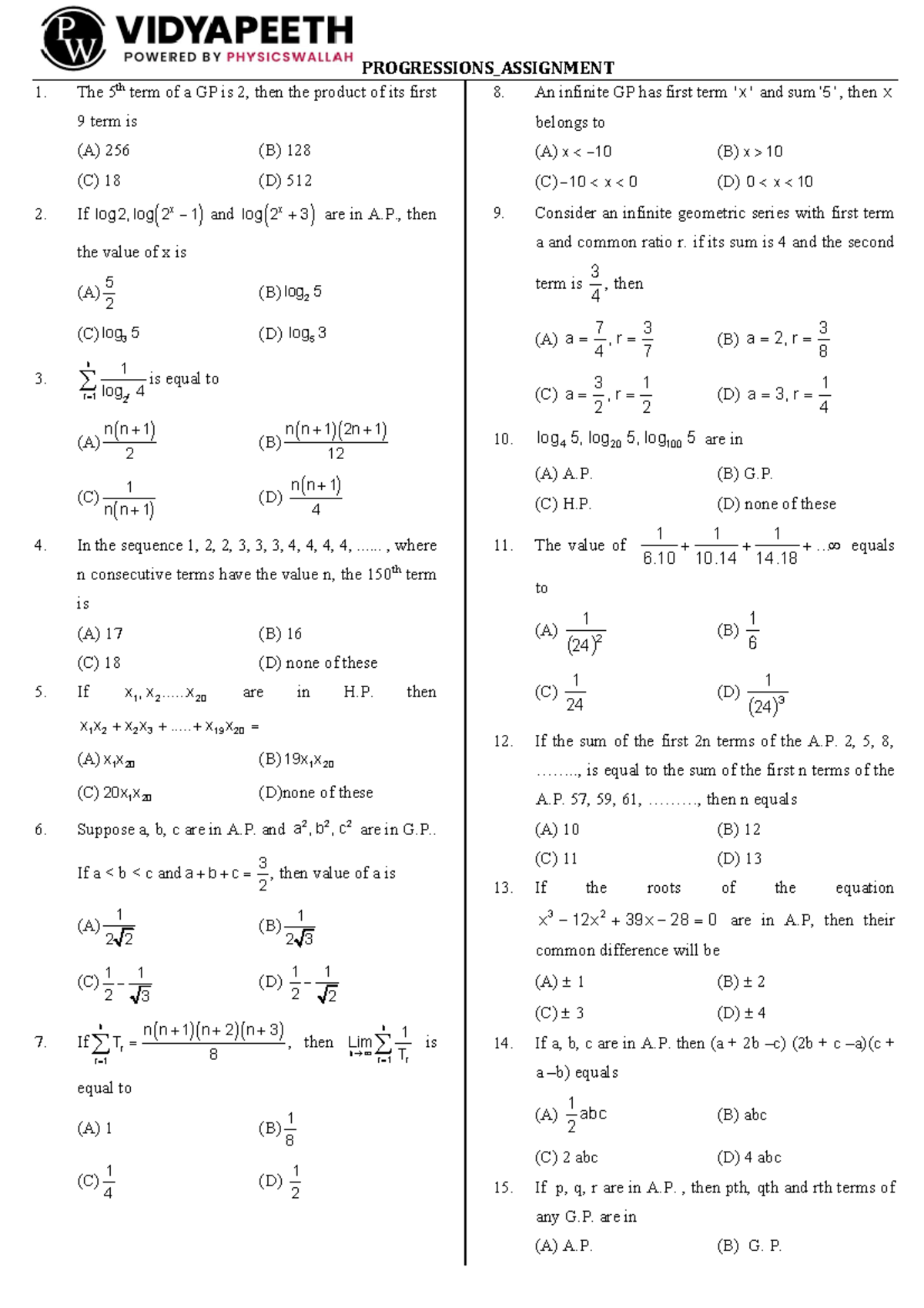 PROGRESSIONS_ASSIGNMENT 1: Geometric Progressions and Logarithms - Studocu
