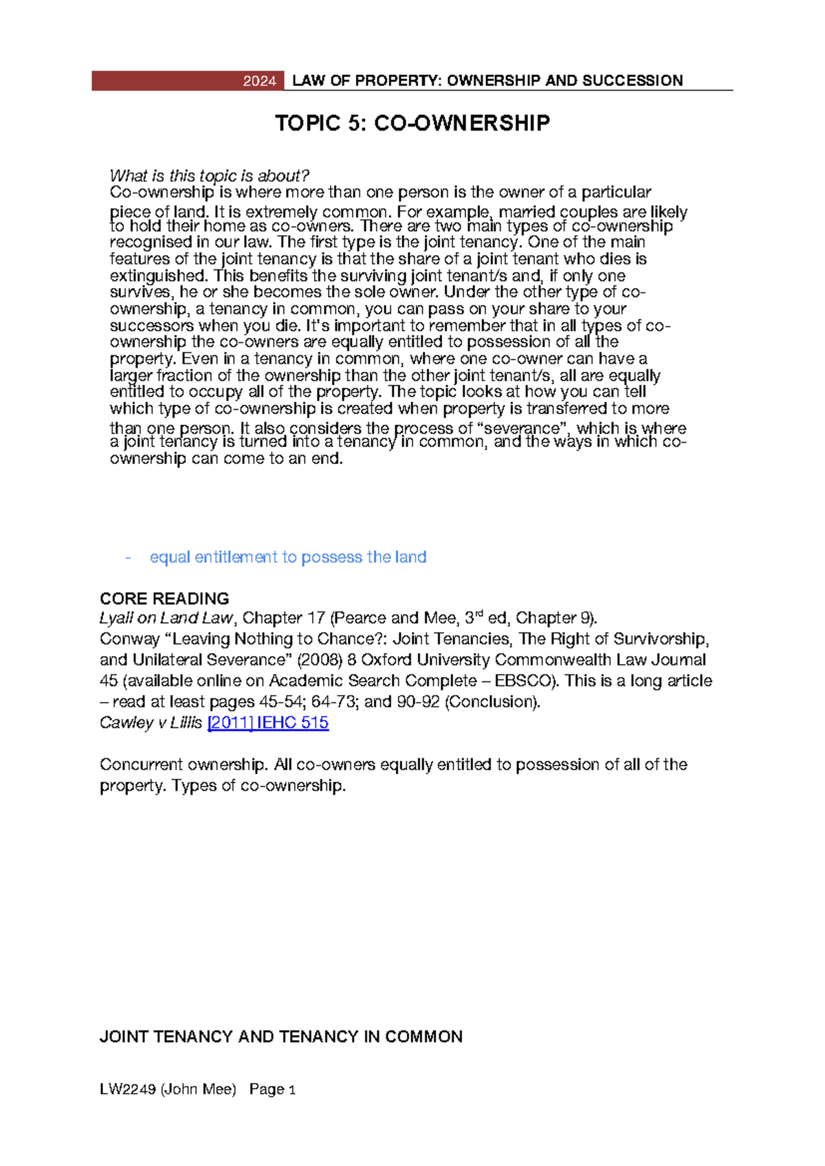 Topic 5 - Co-Ownership Overview and Key Principles 2024 - Studocu