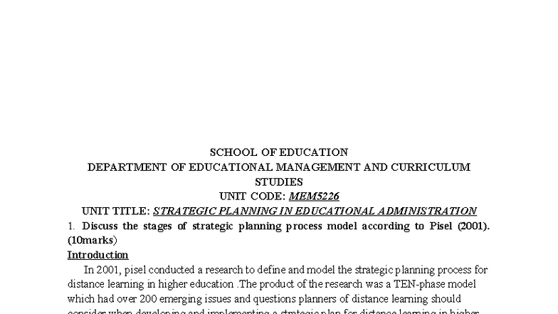 Strategic Planning in Educational Administration: MEM5226 Final Draft ...