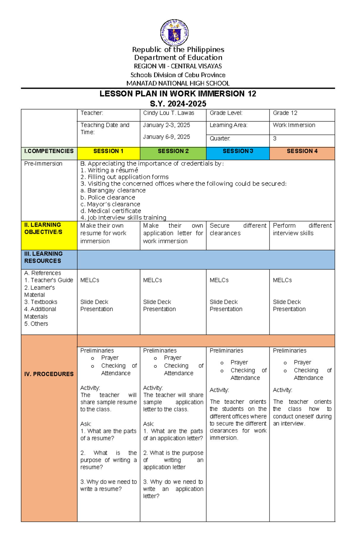 Work immersion 3 - journal - Republic of the Philippines Department of ...