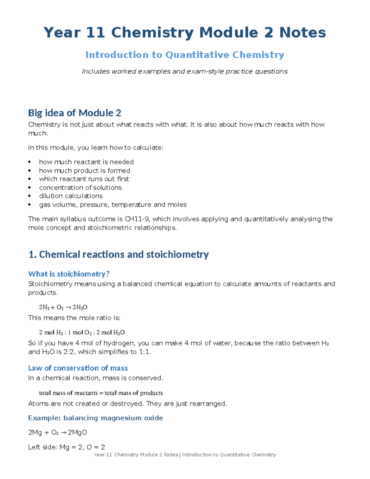 Year 11 Chemistry Module 2: Quantitative Chemistry Notes & Examples ...