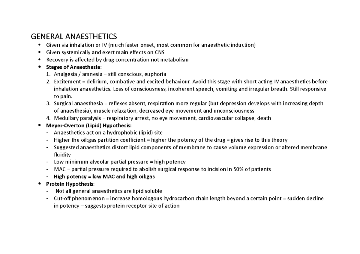 General Anaesthetics - Lecture Notes Summary (MED101) - Studocu