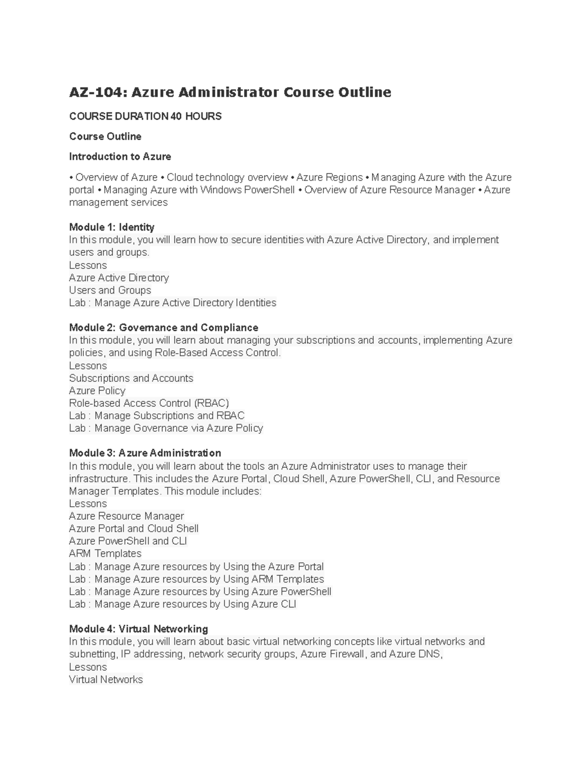 AZ-104: Comprehensive Overview & Course Outline for Azure Admin - Studocu