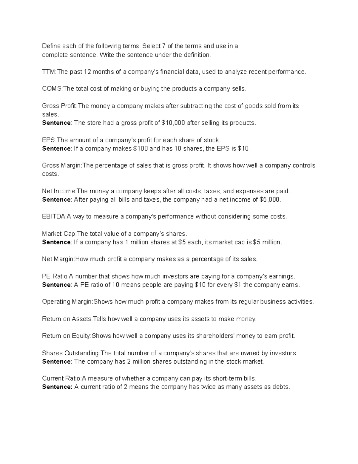 Finance Terms: Definitions and Example Sentences for Key Concepts - Studocu