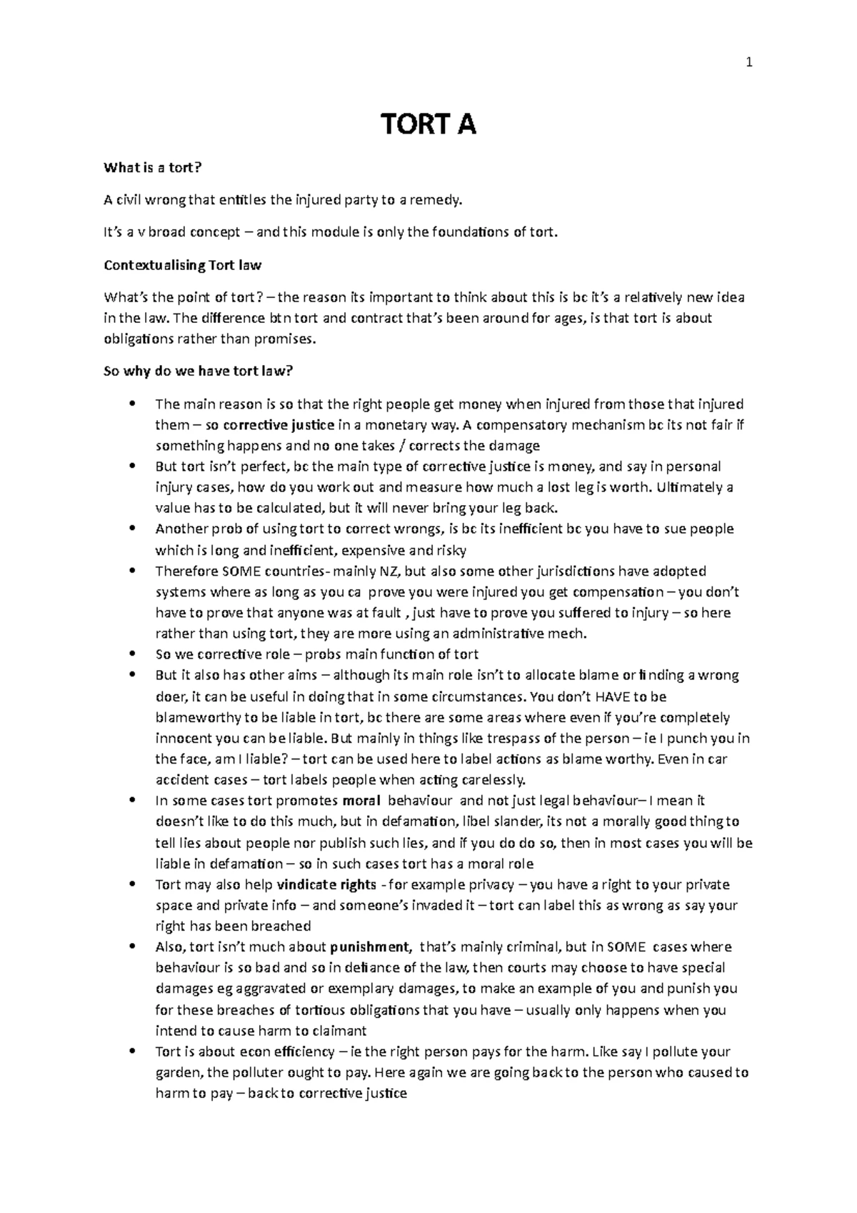 Tort Law Notes: Duty of Care Principles and Key Cases (LAW101) - Studocu