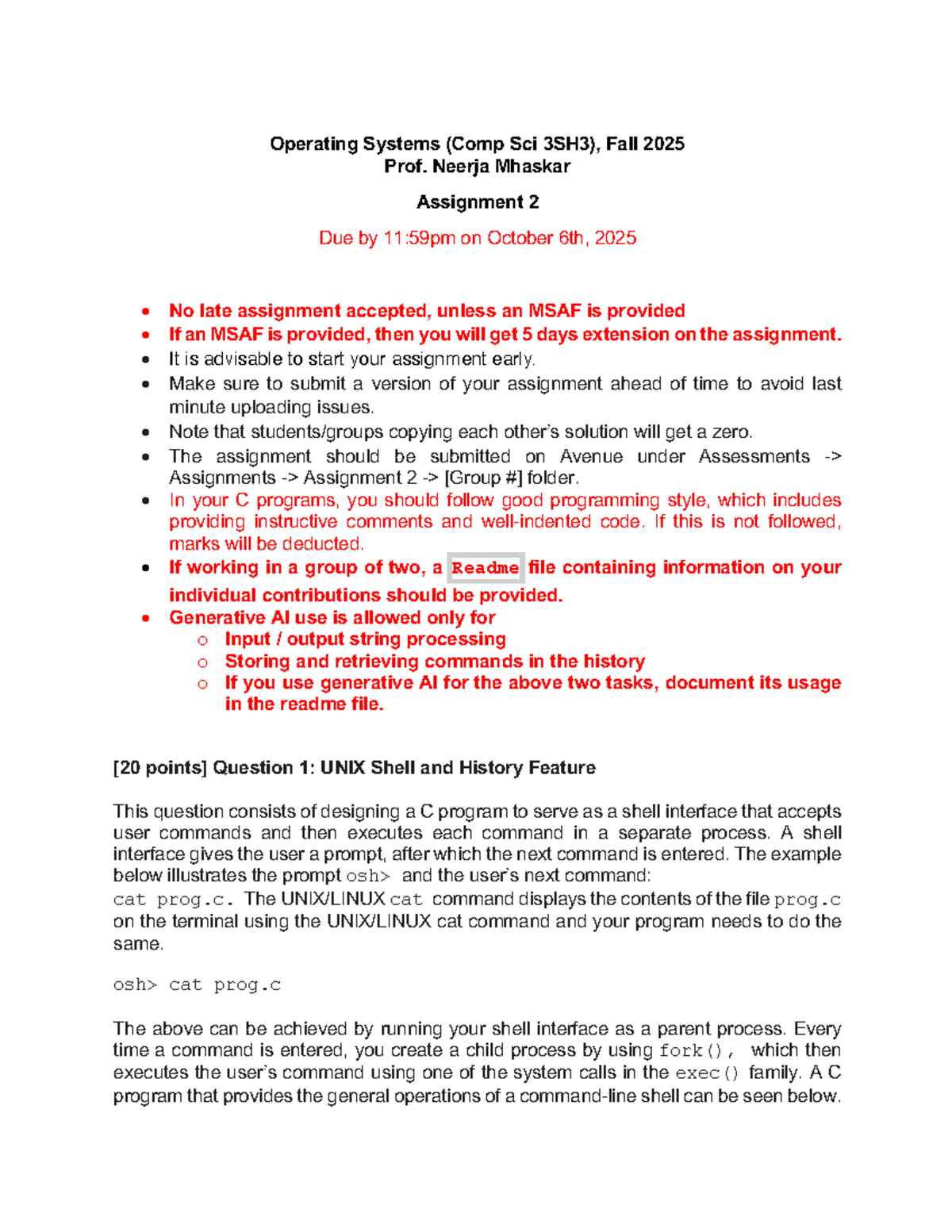 Operating Systems (Comp Sci 3SH3) - Assignment 2 Guidelines - Studocu