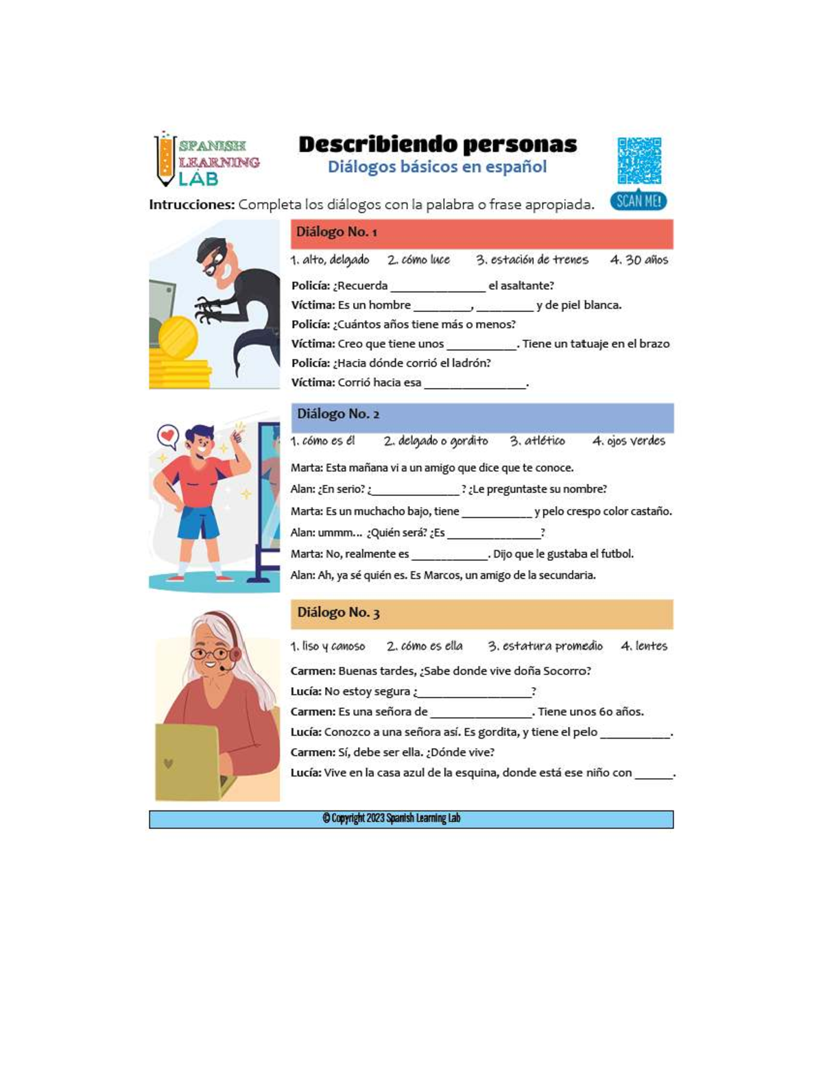 SPANISH Diálogos Básicos: Describiendo Personas y Comprando Ropa - Studocu