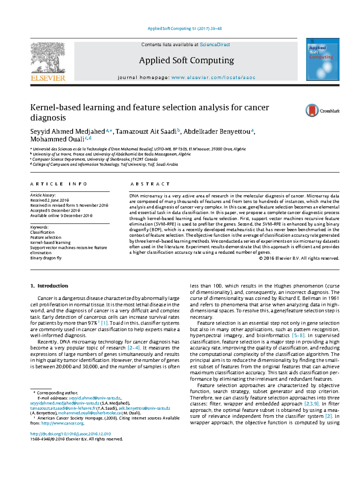 Kernel-Based Learning and Feature Selection for Cancer Diagnosis ...