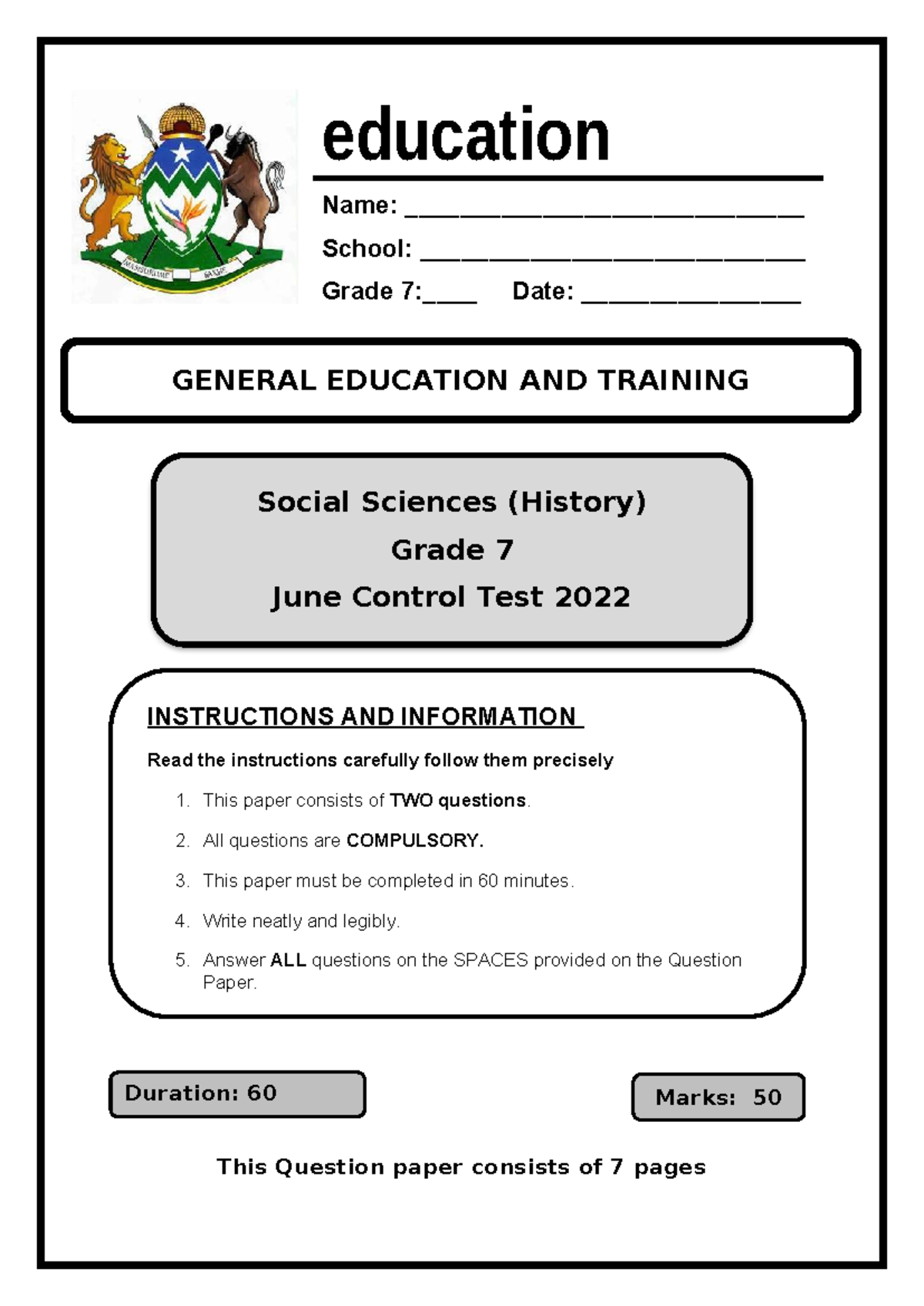 Grade 7 Social Sciences (History) June Control Test 2022 - Studocu