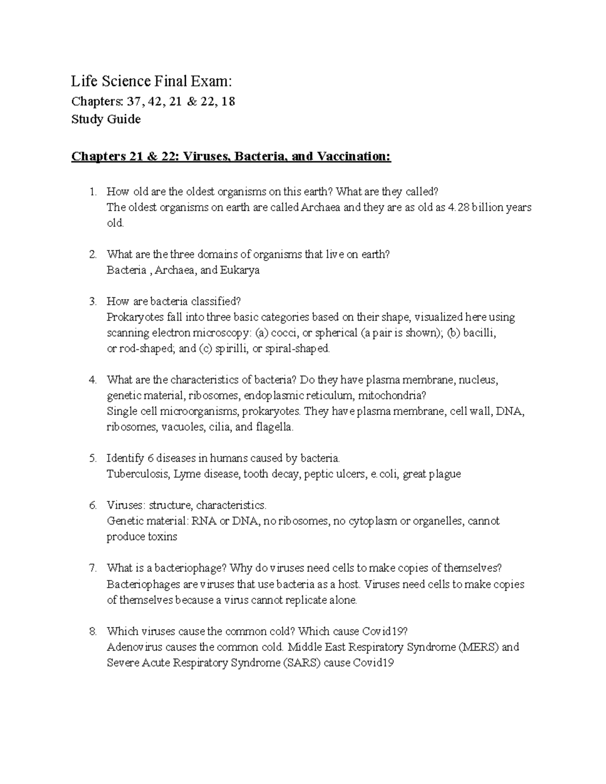 LIFE Science Final Exam Study Guide: Chapters 18, 21, 22, 37 & 42 - Studocu