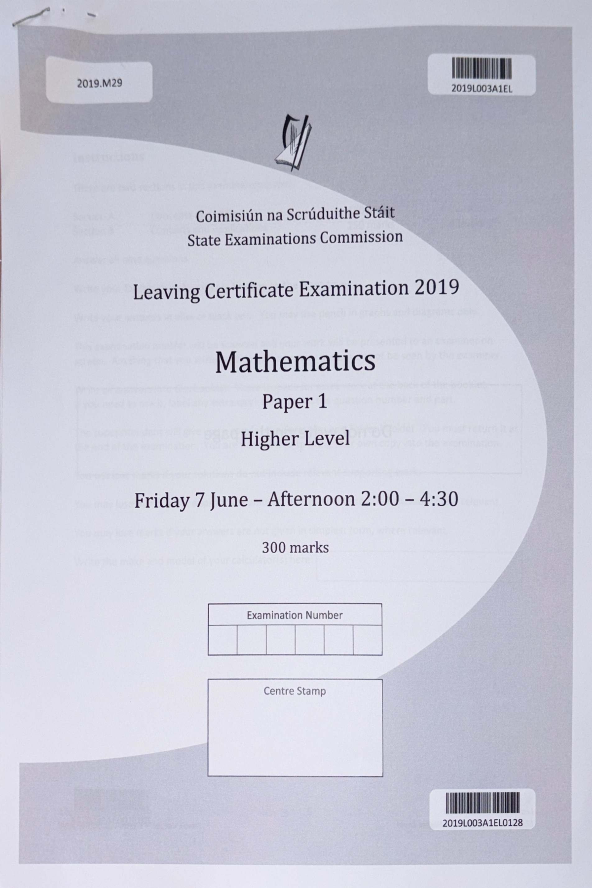 2019 Leaving Certificate Mathematics Paper 1 Higher Level Exam - Studocu