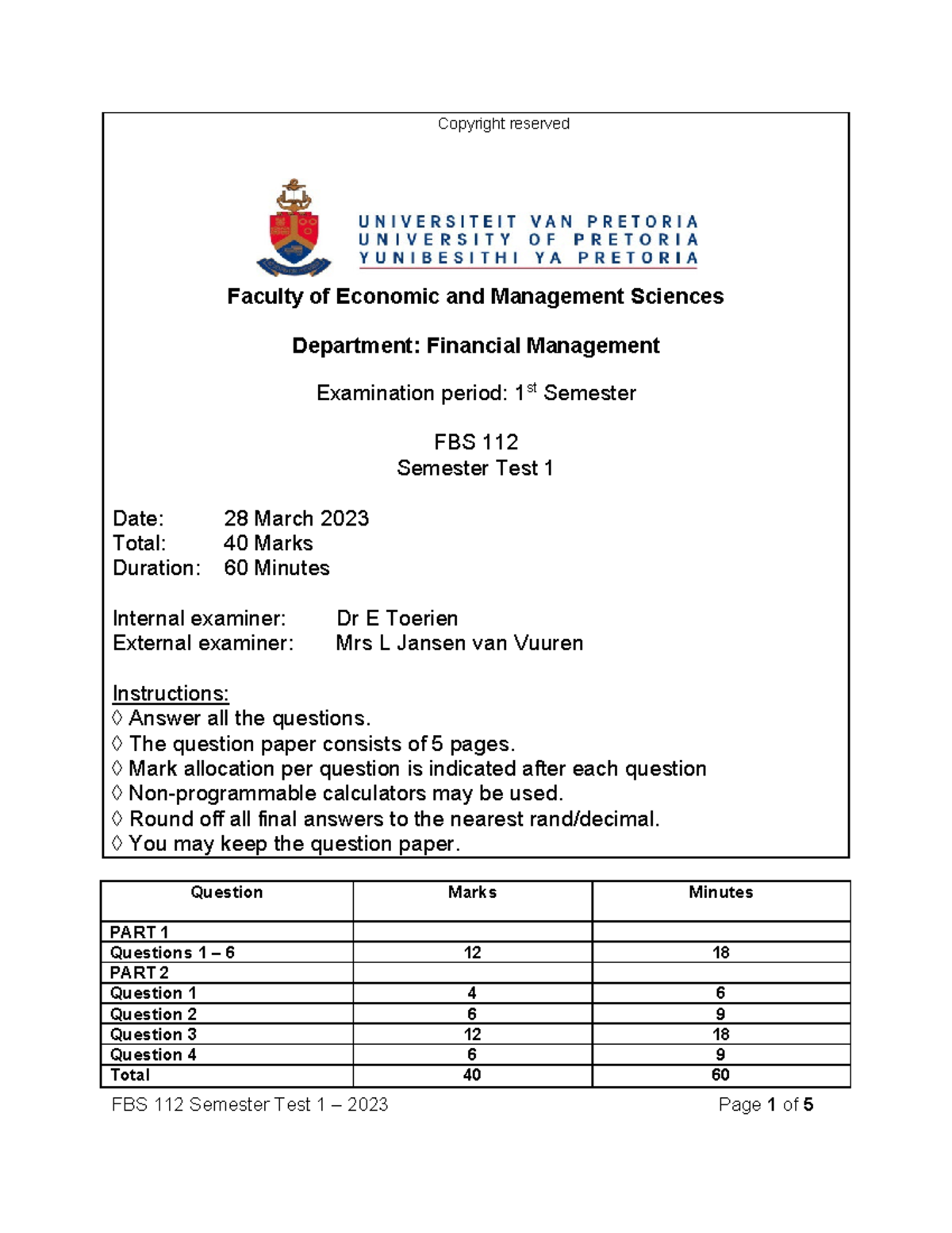 FBS 112 Semester Test 1 - Financial Management Exam Paper - Studocu