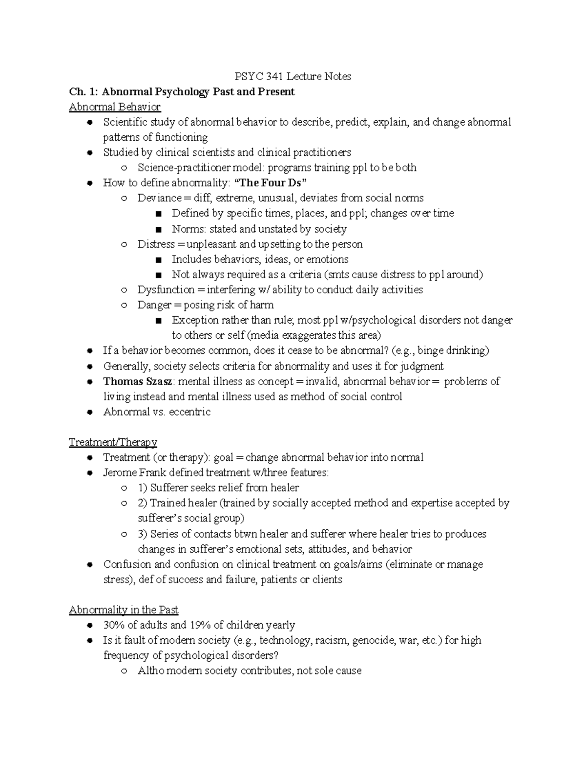 PSYC 341 Lecture Notes - PSYC 341 Lecture Notes Ch. 1: Abnormal ...