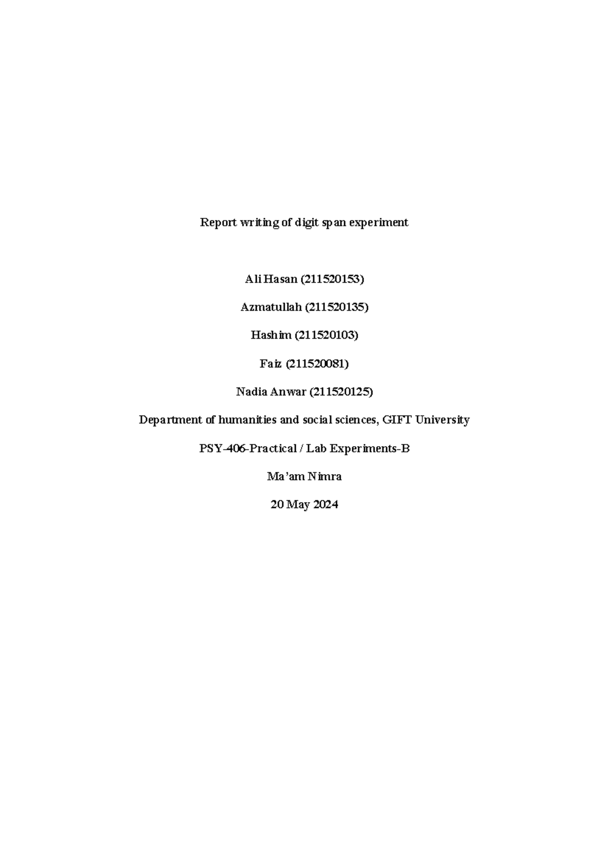 PSY-406 Digit Span Experiment Report: Verbal Working Memory Study - Studocu