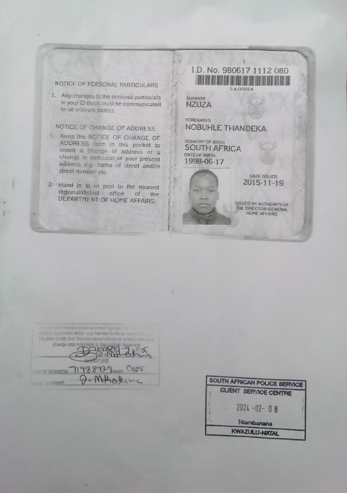 ID Notice: Personal Particulars Update for UNISA Student N. Thandeka ...