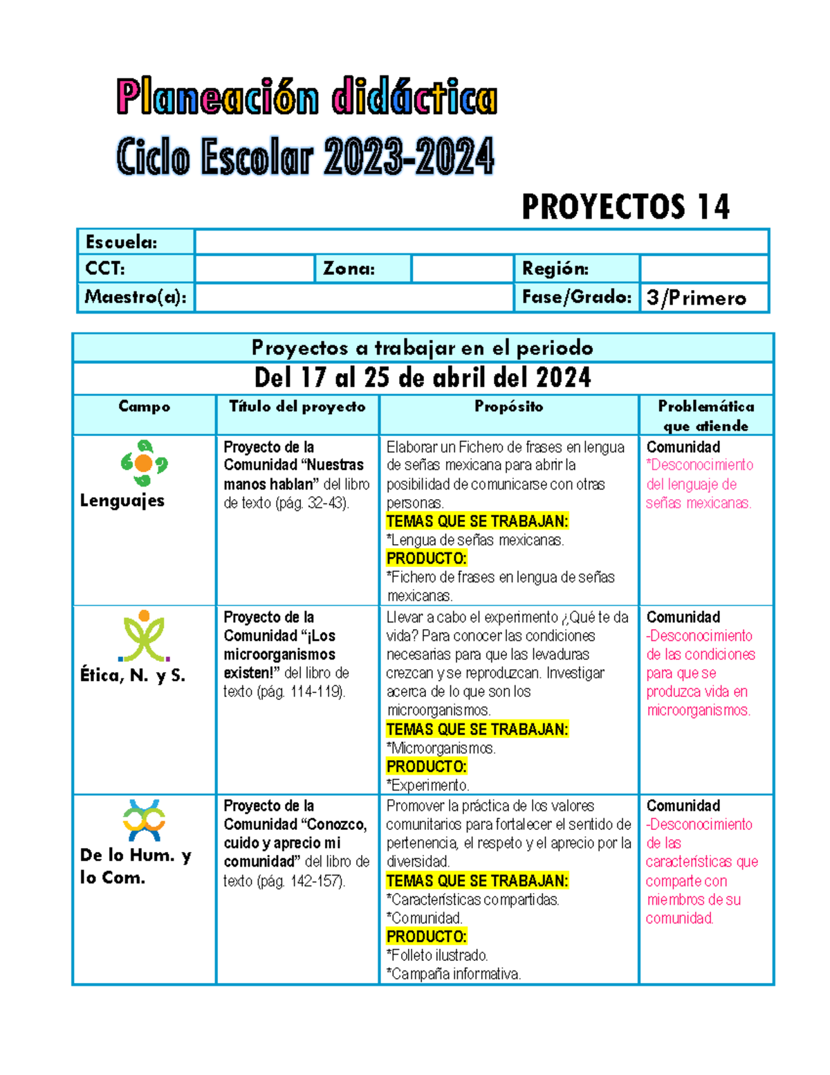 Planeación Didáctica 1° P1P14: Proyectos y Actividades Educativas - Studocu