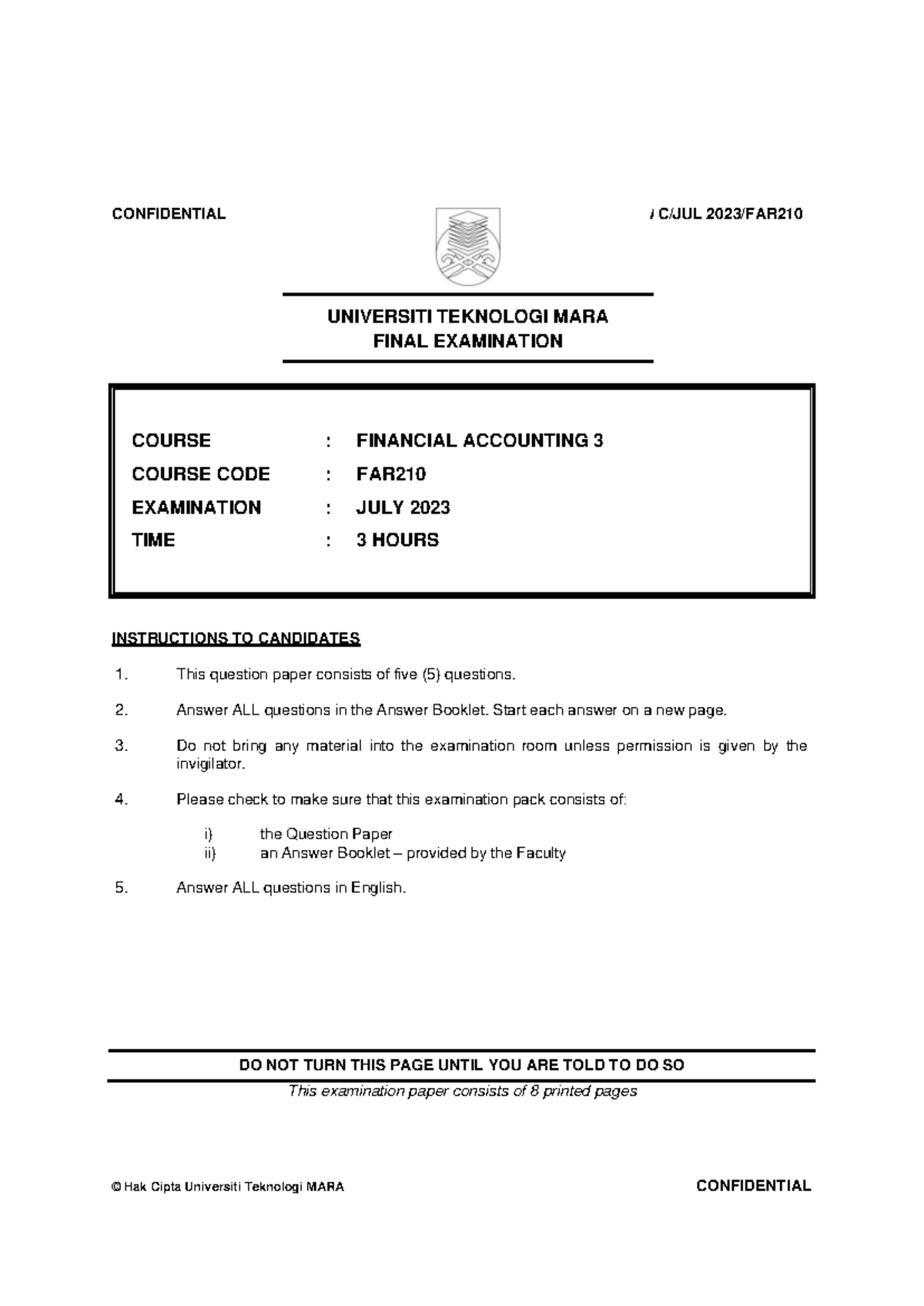 FAR210 Final Examination July 2023 - Financial Accounting 3 - Studocu
