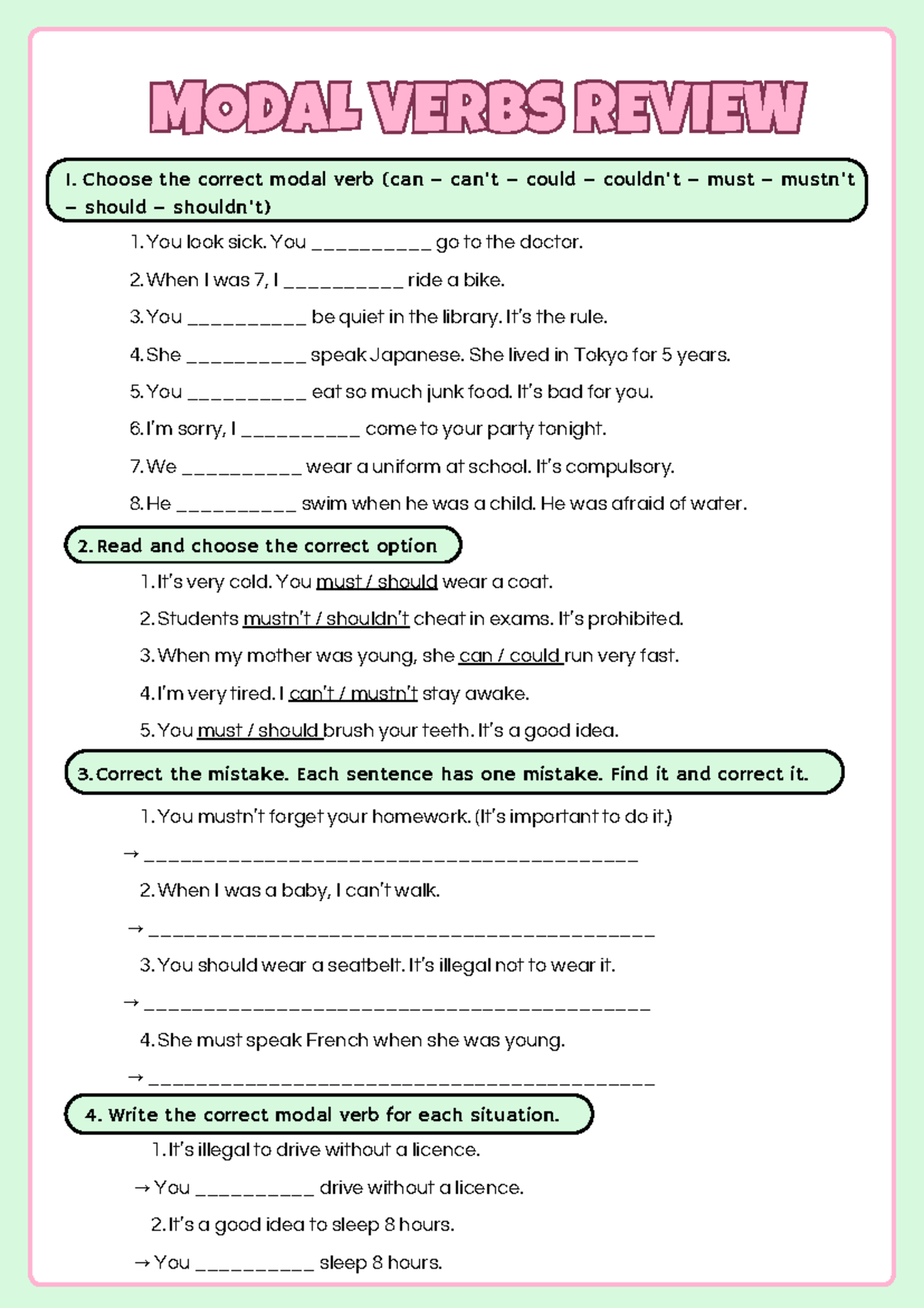 MODAL VERBS REVIEW: Practice Exercises and Corrections - Studocu