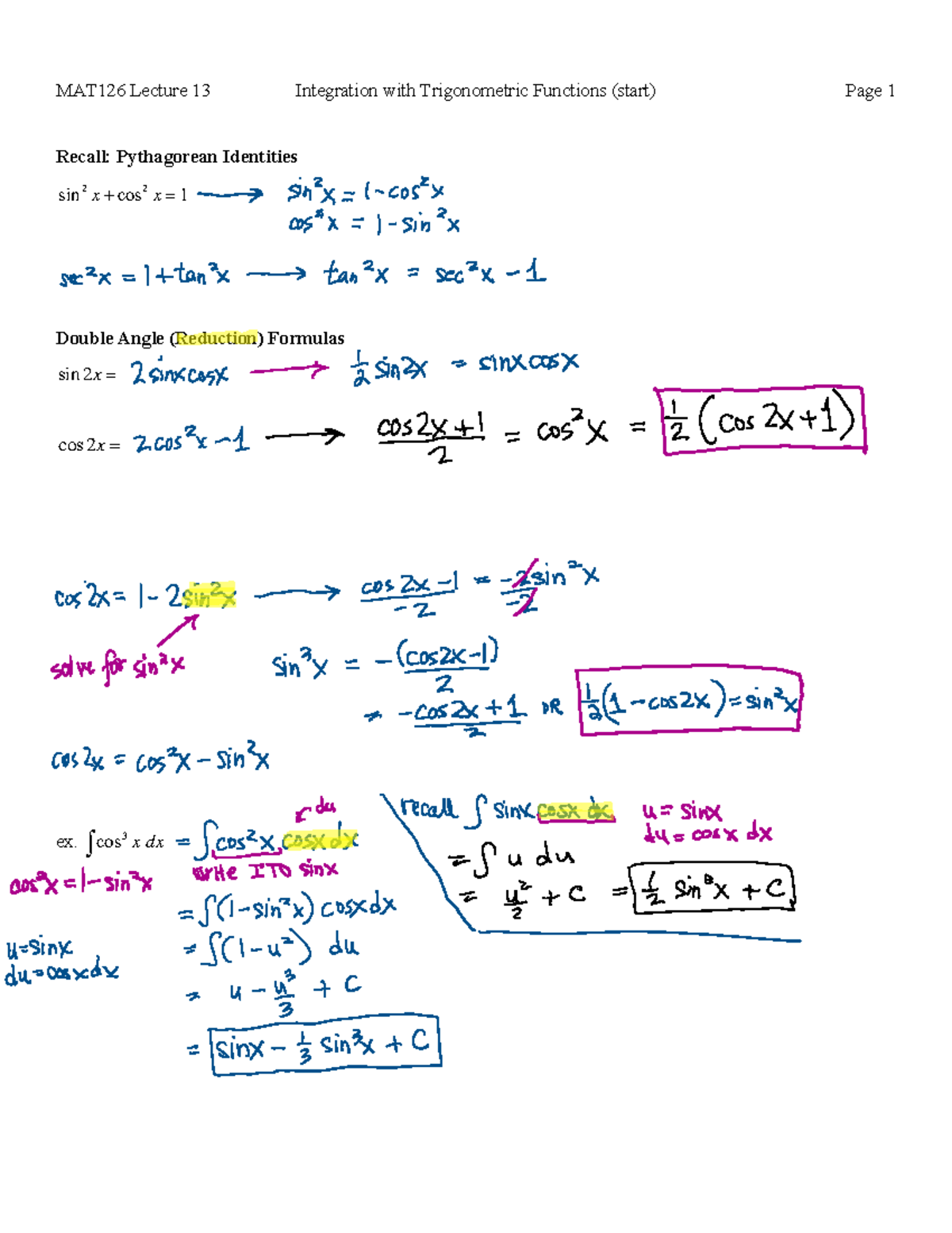 MAT126 Lecture 13: Integration with Trigonometric Functions Notes - Studocu
