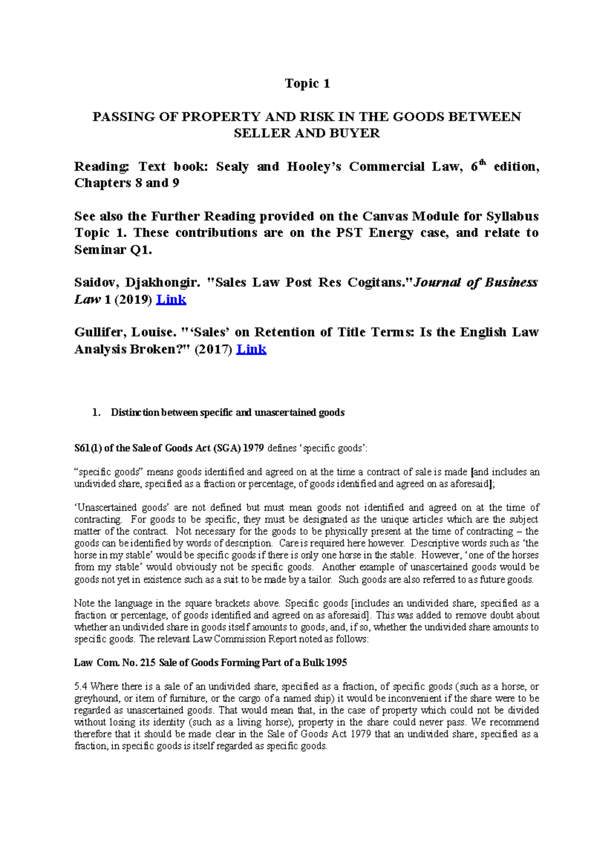 Topic 1: Passing of Property and Risk in Goods - Seminar Notes (Law 101 ...