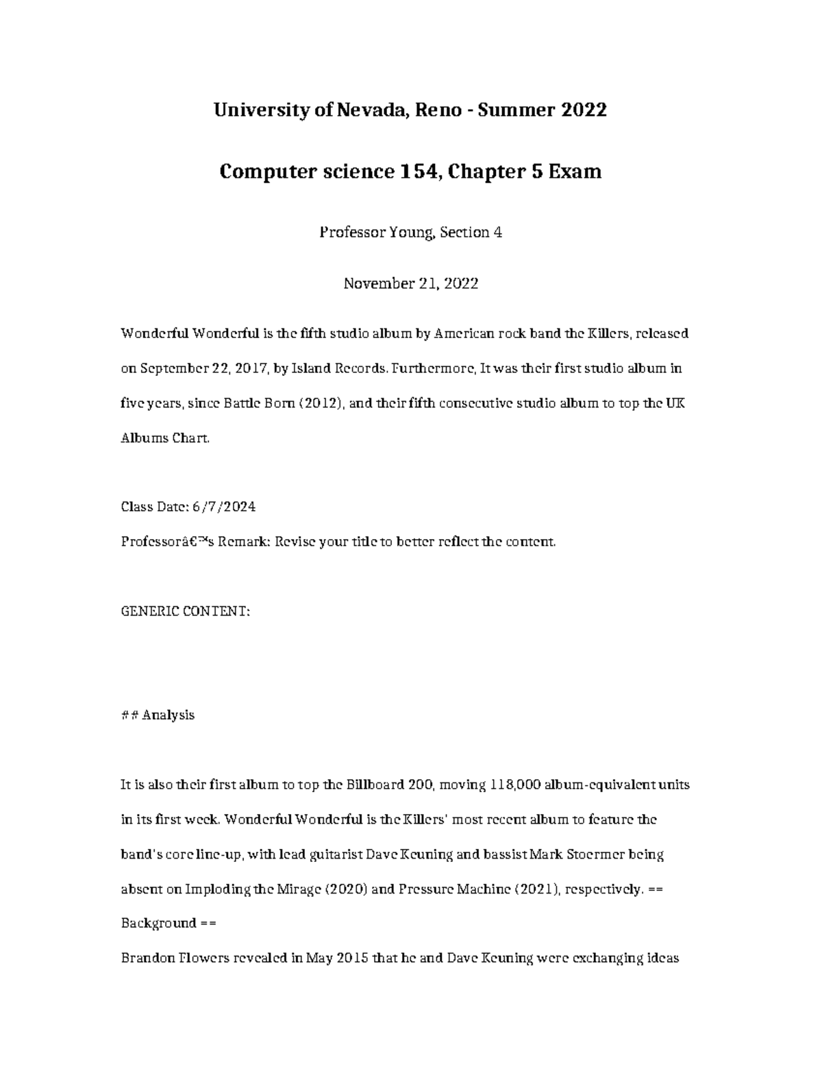 Computer Science 154 Chapter 5 EXAM - University of Nevada, Reno ...