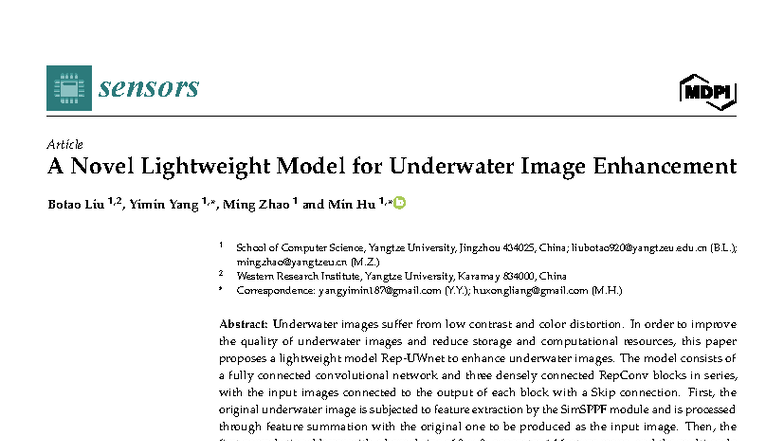 A Novel Lightweight Model for Underwater Image Enhancement (Sensors ...