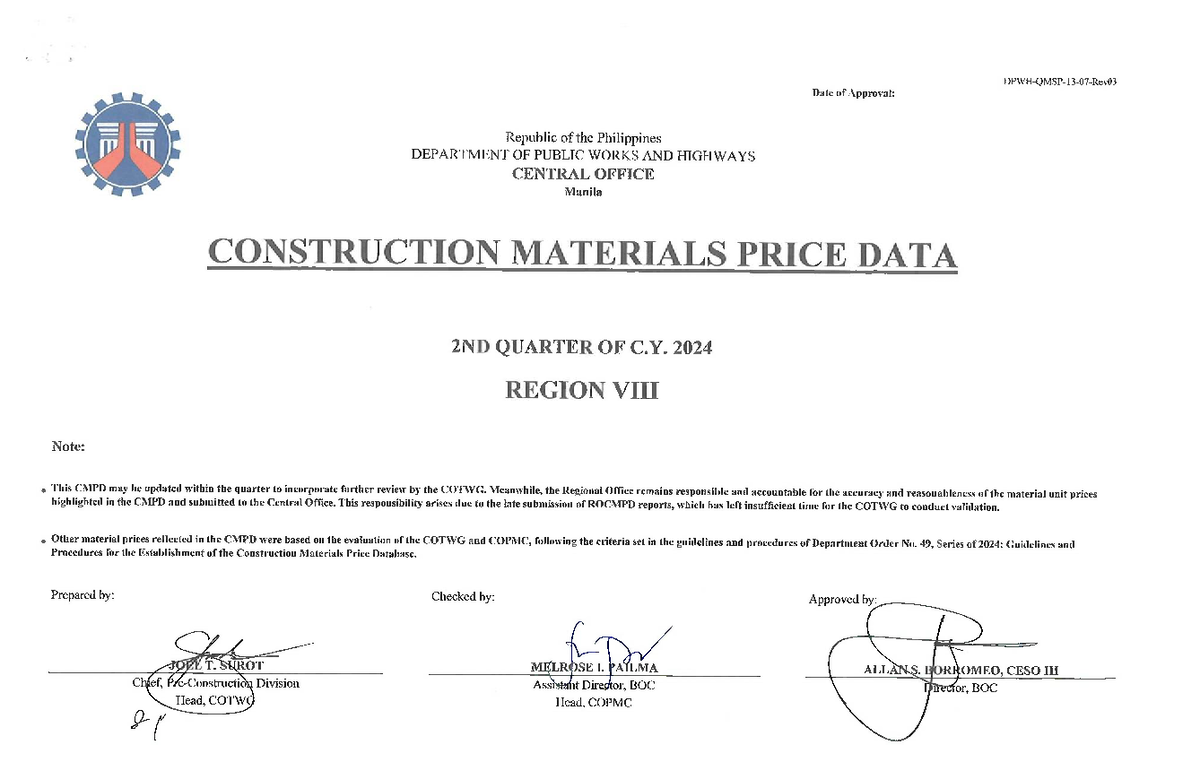CMPD 2Q2024: Construction Materials Price Data for Region 8 - Studocu