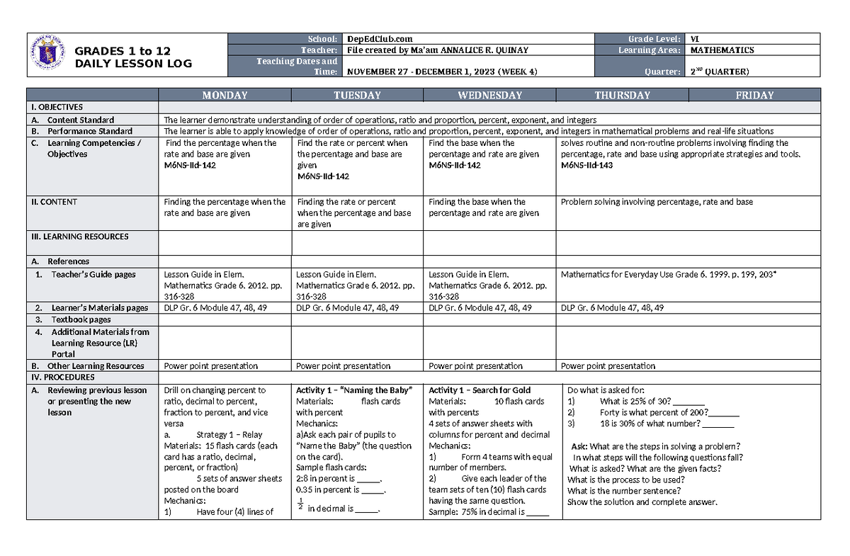 DLL Mathematics-6 Q2 W4 Daily Lesson Log on Percentage Concepts - Studocu