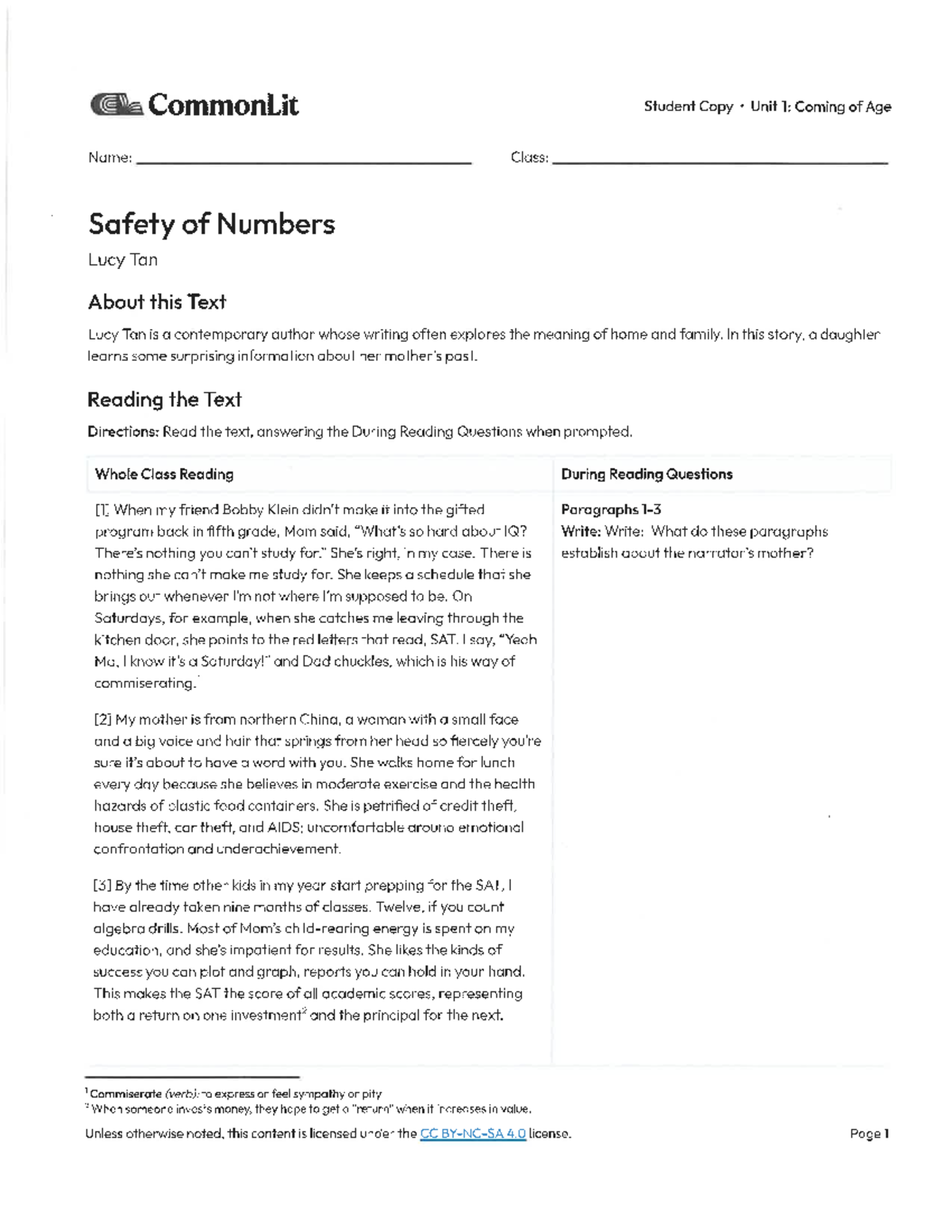 CommonLit Student Copy Unit 1: Coming of Age - Safety of Numbers by ...