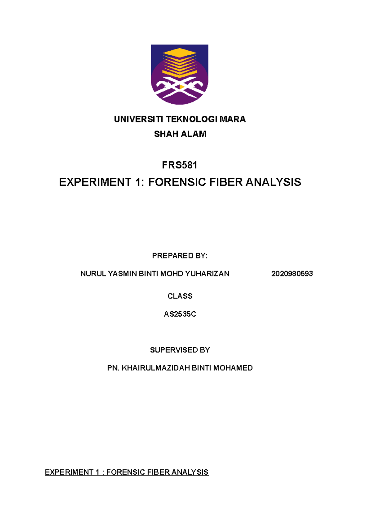 LR EXP 1 - Forensic Fiber Analysis Lab Report in Chemistry - Studocu