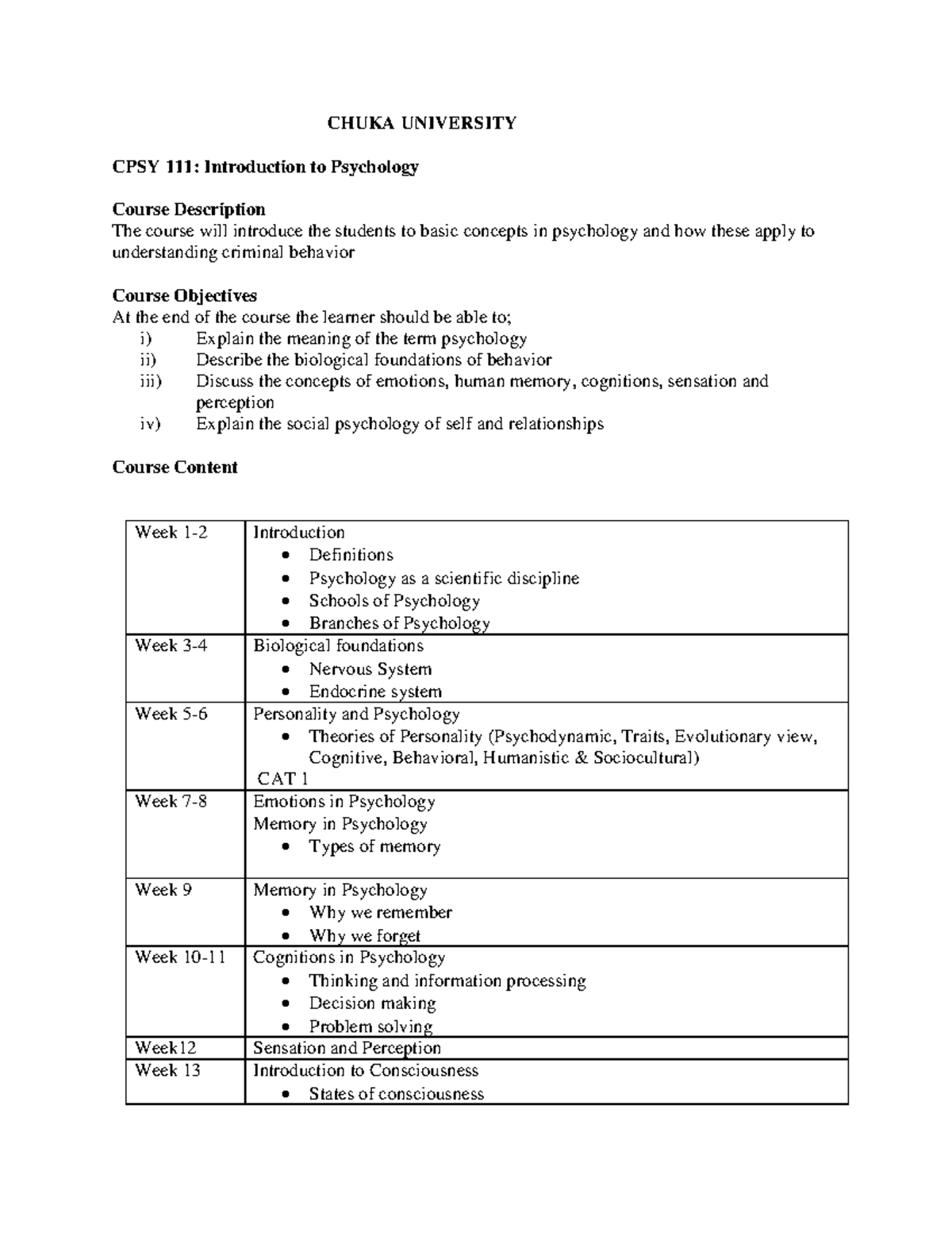 CPSY 111 Course outline: Introduction to psychology concepts and ...