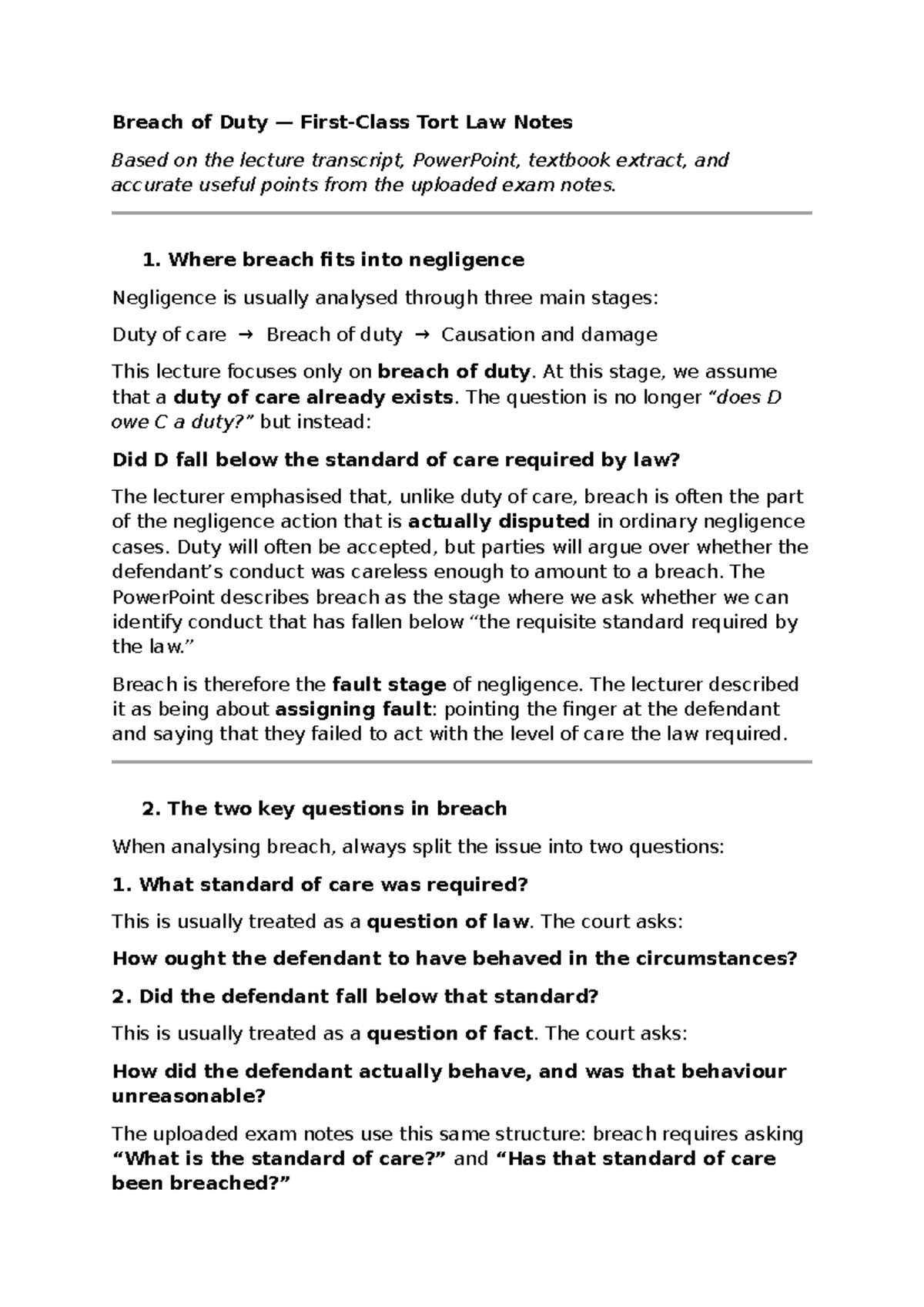 Breach of Duty in Tort Law: Lecture Notes and Key Concepts - Studocu