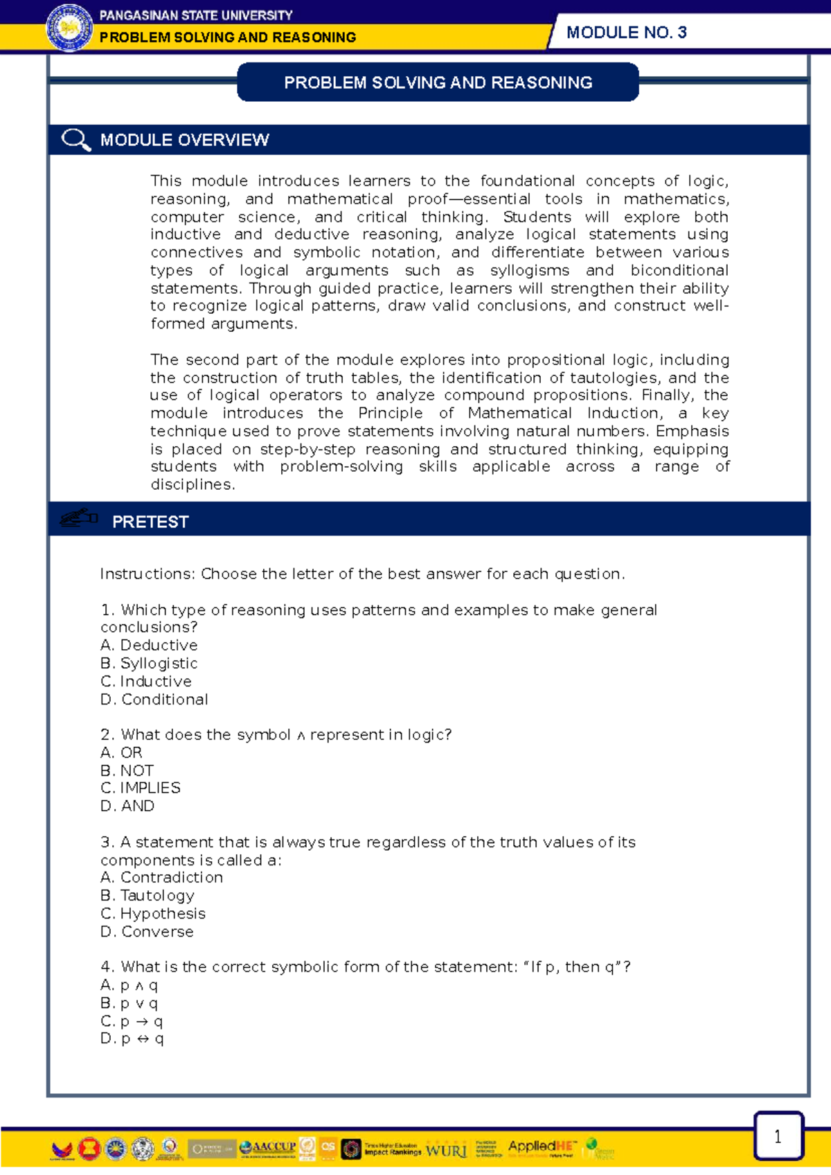 Problem Solving and Reasoning Module No. 3: Logic and Induction ...